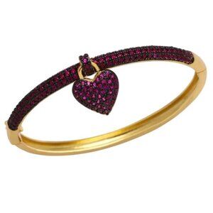 Womens Pink Zircon Heart Bracelet Gold Plated Charm Hinged Bangle 7 Inch